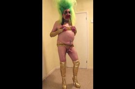 Green haired slut in gold thigh boots