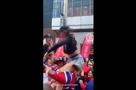 Girl gets her big tits out in public and gets groped