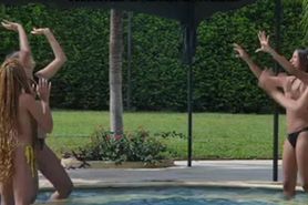 Topless pool girls frolicking in bikinis