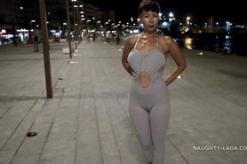 Naughty1ada Night Walk Exposing Cameltoe in Grey Outfit