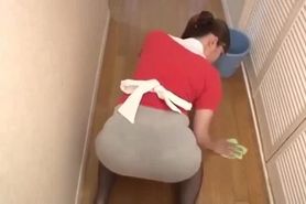 Sexy Japanese Housekeeper in Miniskirt and Pantyhose