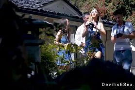 Brunette wanks and fucks huge dick outdoors