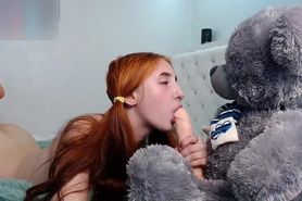 Teen girl rides her teddy bear