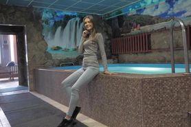 Lera - tight grey jeans in pool and shower