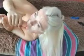 Blonde Babe sucks and fucks a dildo in her mouth pussy 