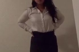 Slutty Asian flight attendant in pantyhose strip