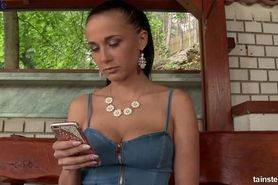 Horny brunette makes a call and gets fucked and pissed