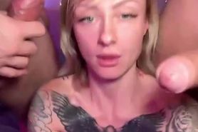 Horny tattooed blonde slut suck and ride two big white 