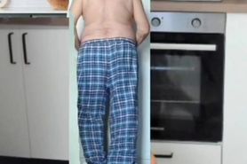 Naked guys in kitchen exercising