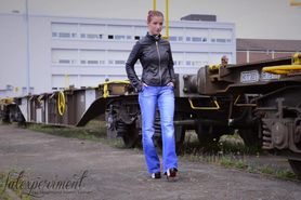 Gia Felino 2014-01-19  Latex Catsuit and jeans