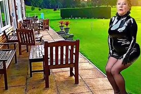 Cathy Golf Course Slut Shiny PVC Skirt High Heel Granny