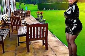 Cathy Golf Course Slut Shiny PVC Skirt High Heel Granny