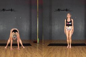 Mature British woman dancing and stretching in bikini