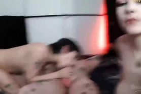 Two tattooed sluts suck cock and get pounded hard live 