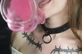 Deepthroating the cock and balls on this dildo