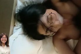 Cute chinese in glasses giving blowjob in hotel