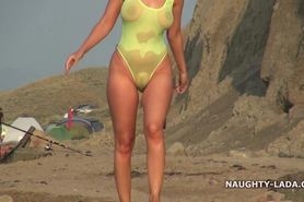 Naughty Lada beach walk and nude