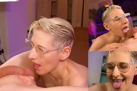 Short blond hair glasses bj  cumface