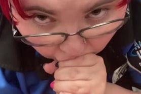 Chubby slut sucks at work