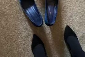 Trying on heels in opaques with bows