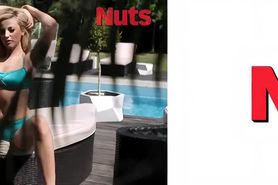 Stunning blonde goddess bikini poolside strip Upscaled