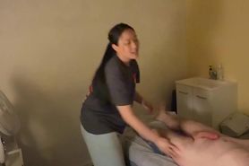 CFNM erection exhibitionist massage and handjob by skin