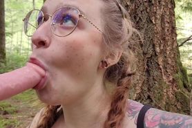 Slut sucks a dildo in the woods