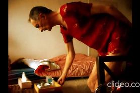 in a red dress messing with my dick and ass