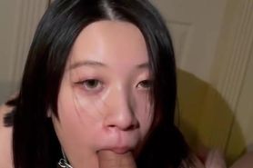 Asian girl swallows cock down her throat