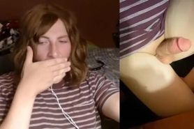 Cute teen tranny jerks big cock and cums