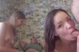 Two horny Russian sluts suck and ride hard cocks live a