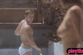 The pool cleaning guy and his long stick in action