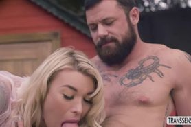 Tattooed shemale Aubrey Kate sucking and fucking outdoo
