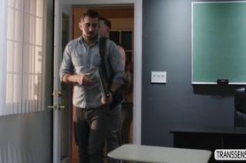 Tattooed Tgirl Casey Kisses visits her student and fuck