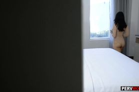 Spied on my huge boobs MILF stepmom but she caught me