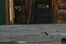 Blonde MILF hottie Elyse Jean stripteasing outdoor