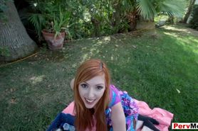 Outdoor POV blowjob session with busty redhead stepmom