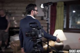 Confused busty MILF used by a group of perverted guys