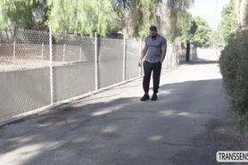 Blonde Tranny Nikki Vicious fucks on the couch