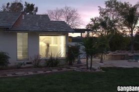 Busty redhead teen suprised by a three black friends