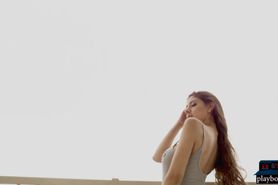 Big boobs model Elsa Galvan gets naked on a balcony