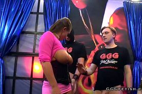 Busty brunette shows cums and blowbang party