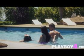 Two hot Russian babes banged by a bad guy on the pool