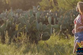 Petite and tight body teen Emily Rise strips outdoor