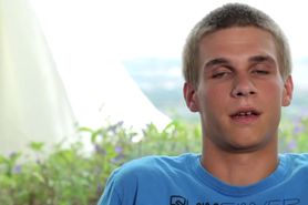 Gay twink teenager toying his open hole and using flash