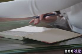 Horny brunette massage a perverted guys big hard dick