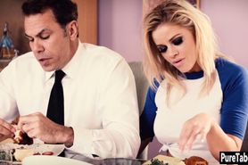 Nasty blonde with big tits sucks a husbands big cock