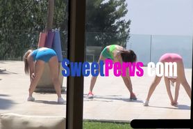 Teen pleases yoga instructor outdoor in front of BFF?s