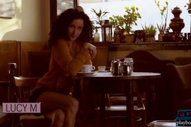 Curly hair MILF brunette gets naked during coffee break