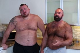 Two fat guys with sexy bellies fucking in the kitchen